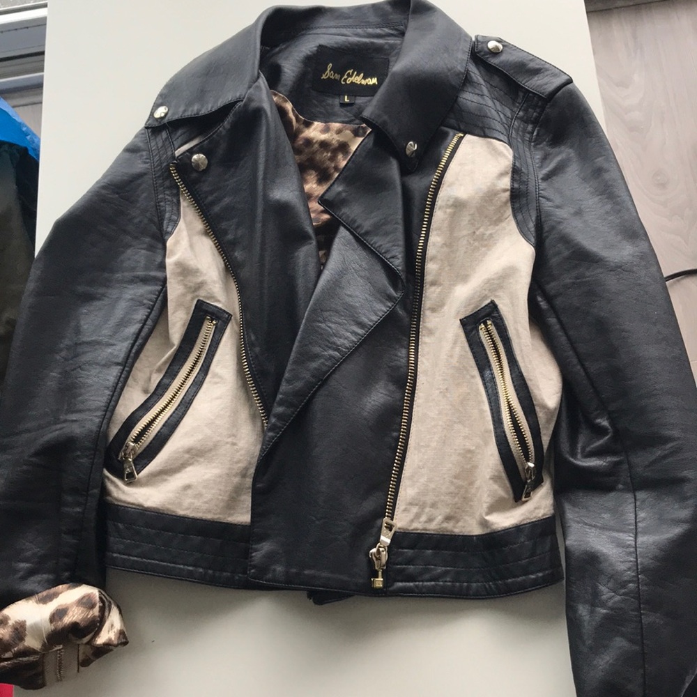 Sam Edelman leather jacket with linen details. L